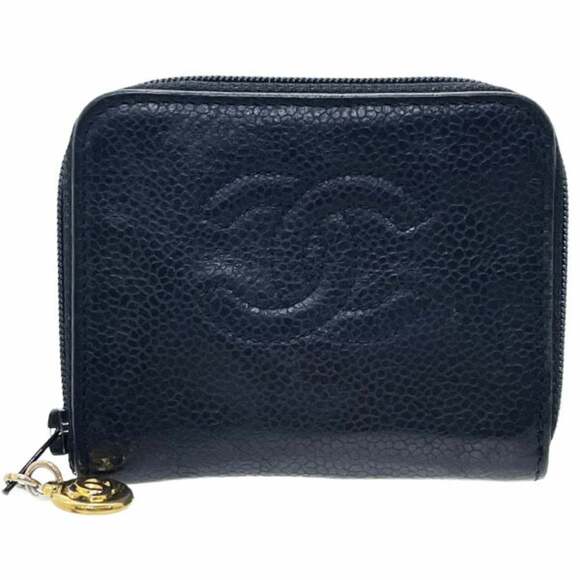 CHANEL Authentic Black Caviar Leather Logo Wallet